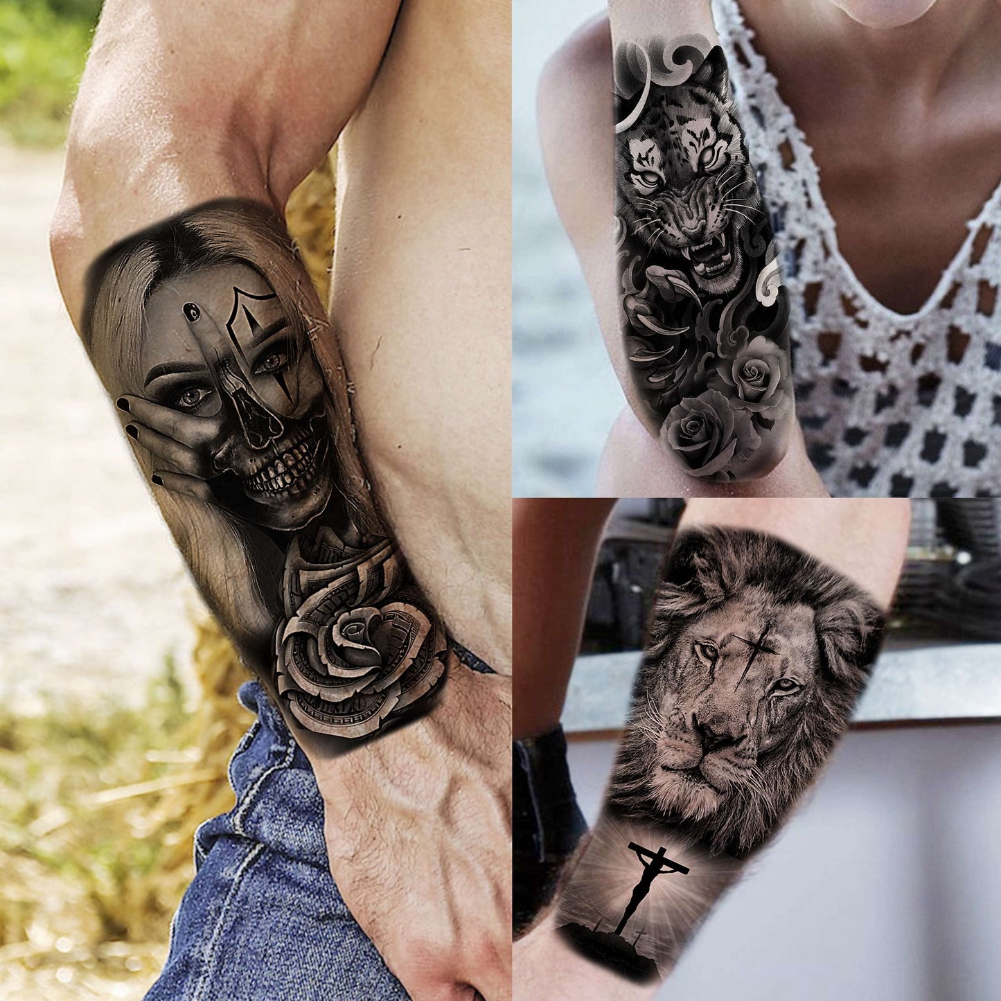 TASROI 61 Sheets Realistic Skull Tiger Wolf Lion Temporary Tattoos For Women Men Arm Sleeve, 3D Halloween Temp Tattoos Adults Compass Black Rose Flower, Bulk Fake Tattoos That Look Real And Last Long