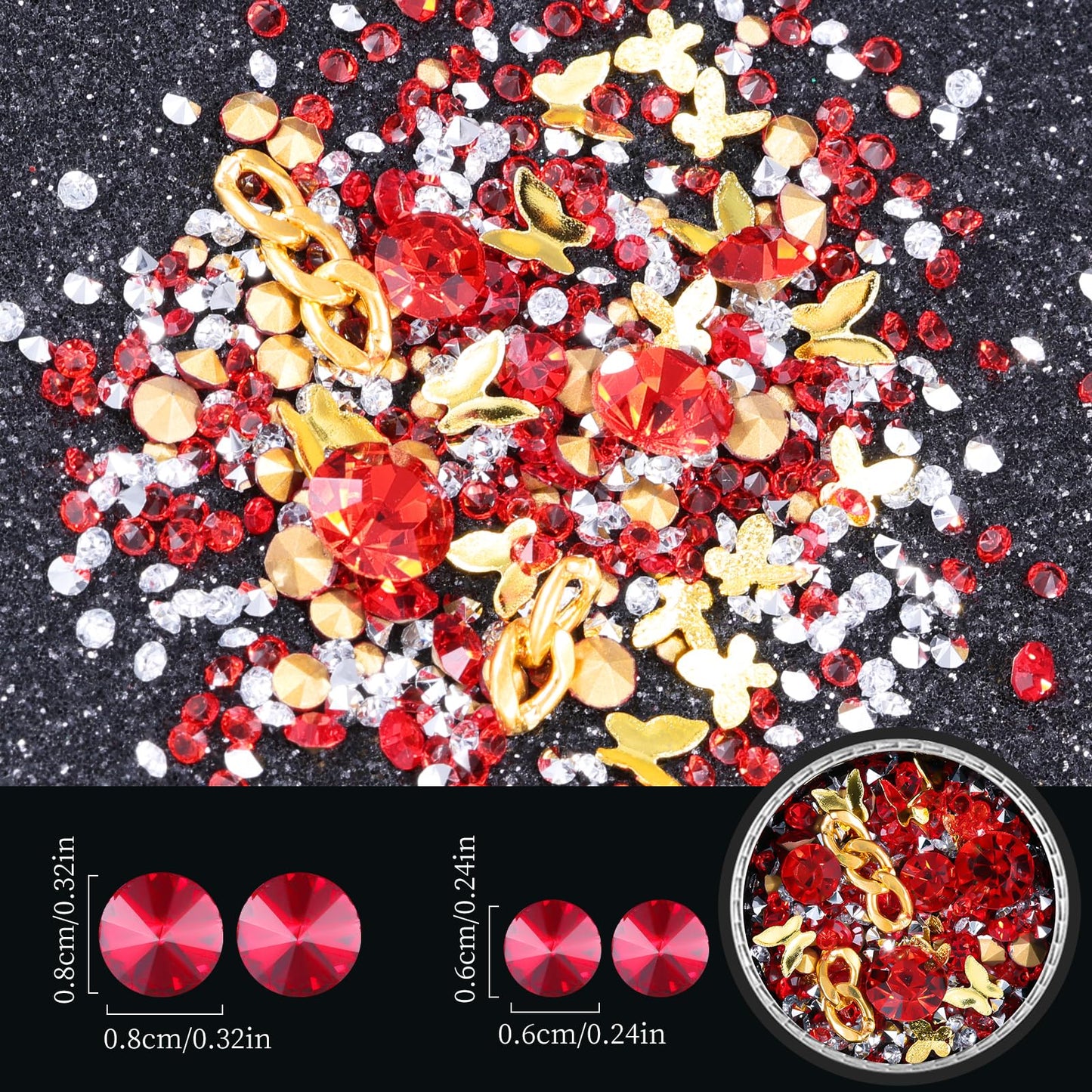 6 Wheels Mixed Sparkle Nail Art Rhinestones Diamonds Crystals Butterfly Beads Artificial Pearls Gold Silver Nail Studs Gems Metal Hollow Rivets Charms (Red)