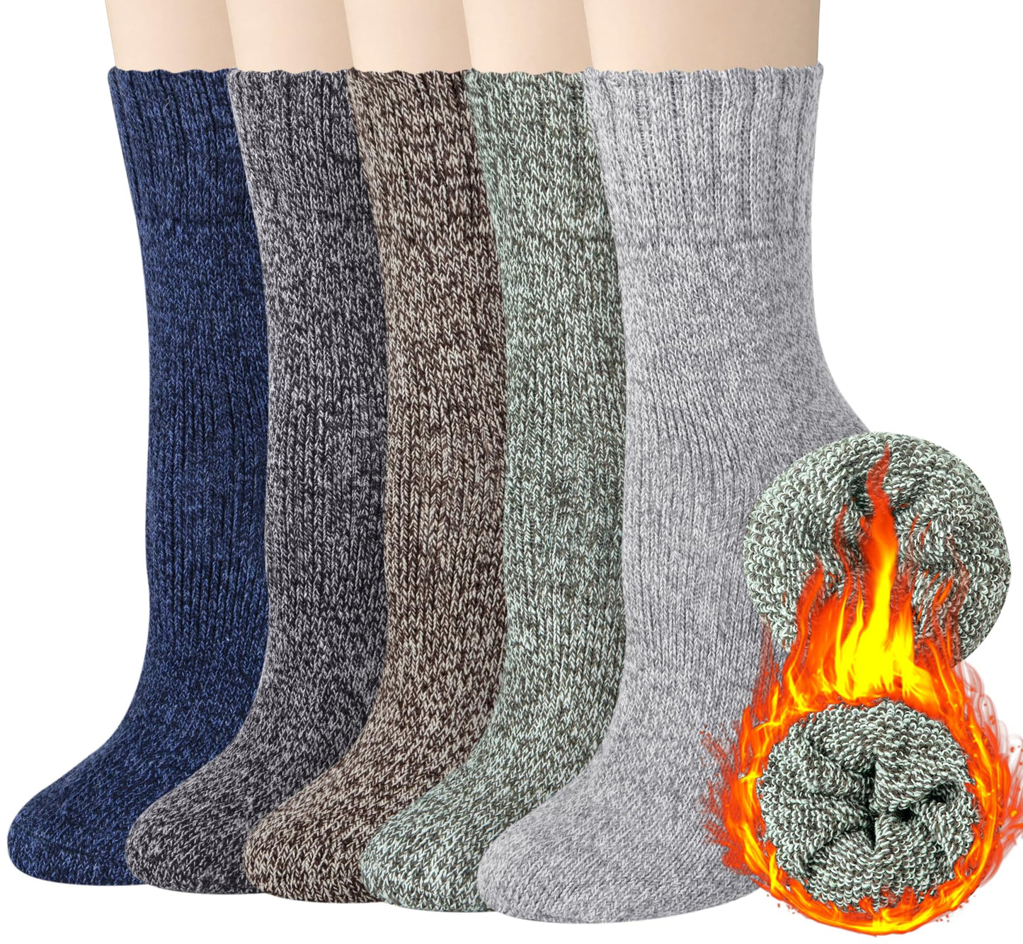 5 Pairs Wool Socks for Women Gifts Winter Warm Thick Knit Cabin Cozy Crew Socks, Z Bicolor Line