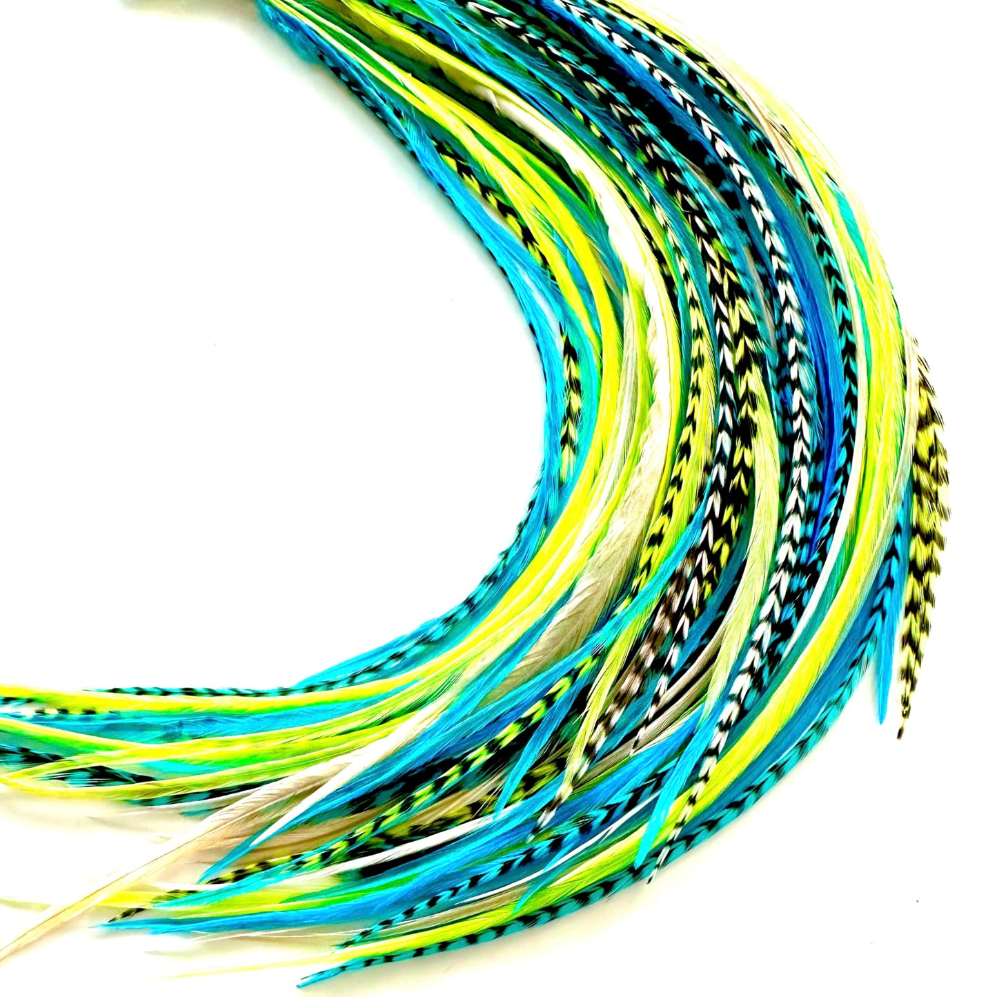 21 Neon Green & Turquoise Color Hair Feathers - 9”- 14” Long - Feathers for Hair Extension, Hair Extension DIY Kit - Eye-Catching Design - 20 Micro-link Beads - 100% Real Rooster Feathers
