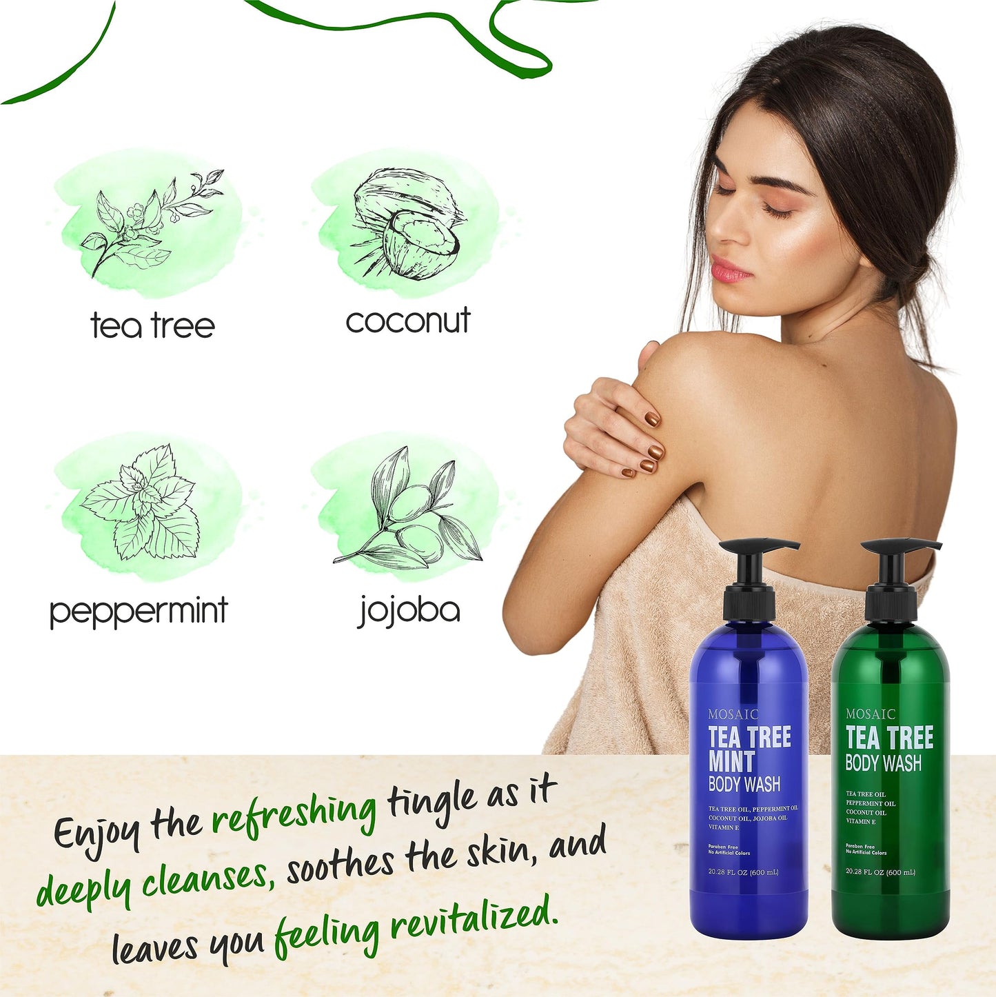 Tea Tree Body Wash with Mint & Shower Gel with Vitamin E for Jock Itch, Eczema, Ringworm, Body Odor, Body Wash Women & Men with Added Body Oils,LARGE 20.2 FL Oz Bottle (Tea Tree Mint, Pack of 2)