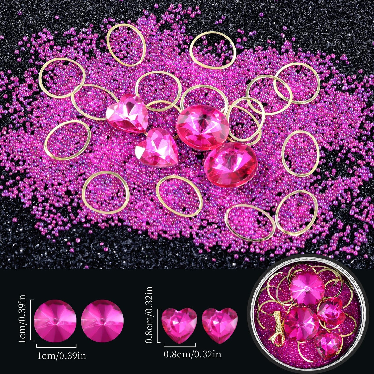 6 Wheels Mixed Sparkle Nail Art Rhinestones Diamonds Crystals Butterfly Beads Artificial Pearls Gold Silver Nail Studs Gems Metal Hollow Rivets Charms (Hot Pink)