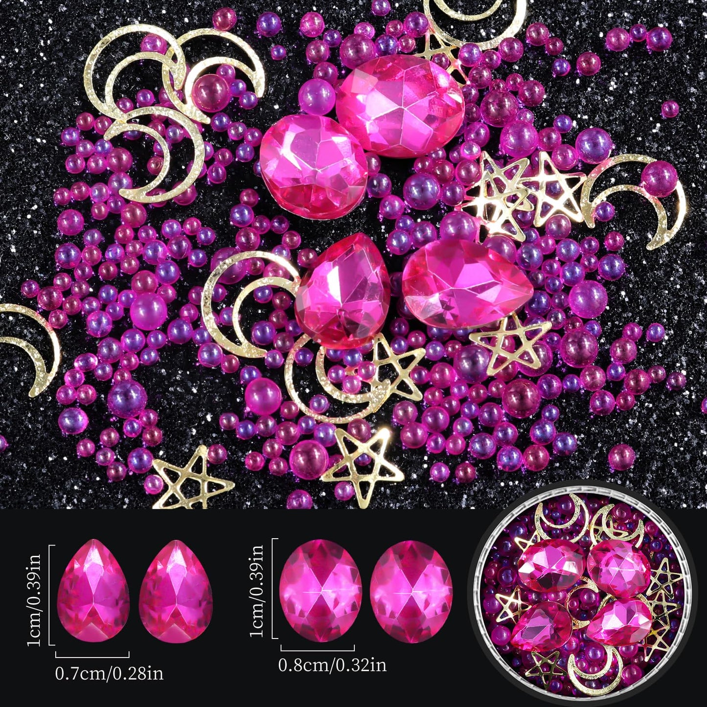 6 Wheels Mixed Sparkle Nail Art Rhinestones Diamonds Crystals Butterfly Beads Artificial Pearls Gold Silver Nail Studs Gems Metal Hollow Rivets Charms (Hot Pink)