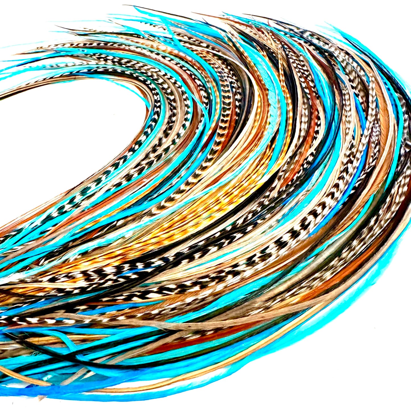 21 Natural & Turquoise Color Hair Feathers - 7”- 12” Long - Feathers for Hair Extension, Rooster Feathers DIY Kit - Eye-Catching Design - 20 Micro-link Beads - 100% Real Rooster Feathers