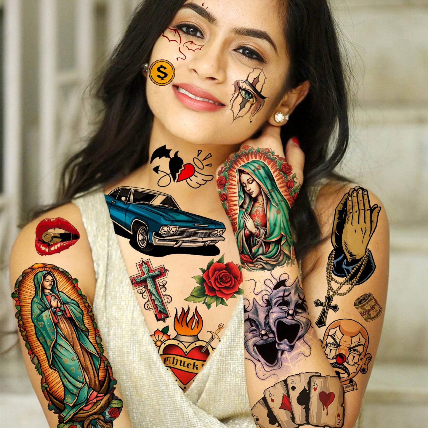 6 Sheets 3D Mexico Chicano Temporary Tattoos For Women Men Adults, Watercolor Guadalupe Tattoo Sticker, Prison Gangster Cholo Joker Chicana Halloween Tattoos Face, Tatuajes Temporales Autocolante