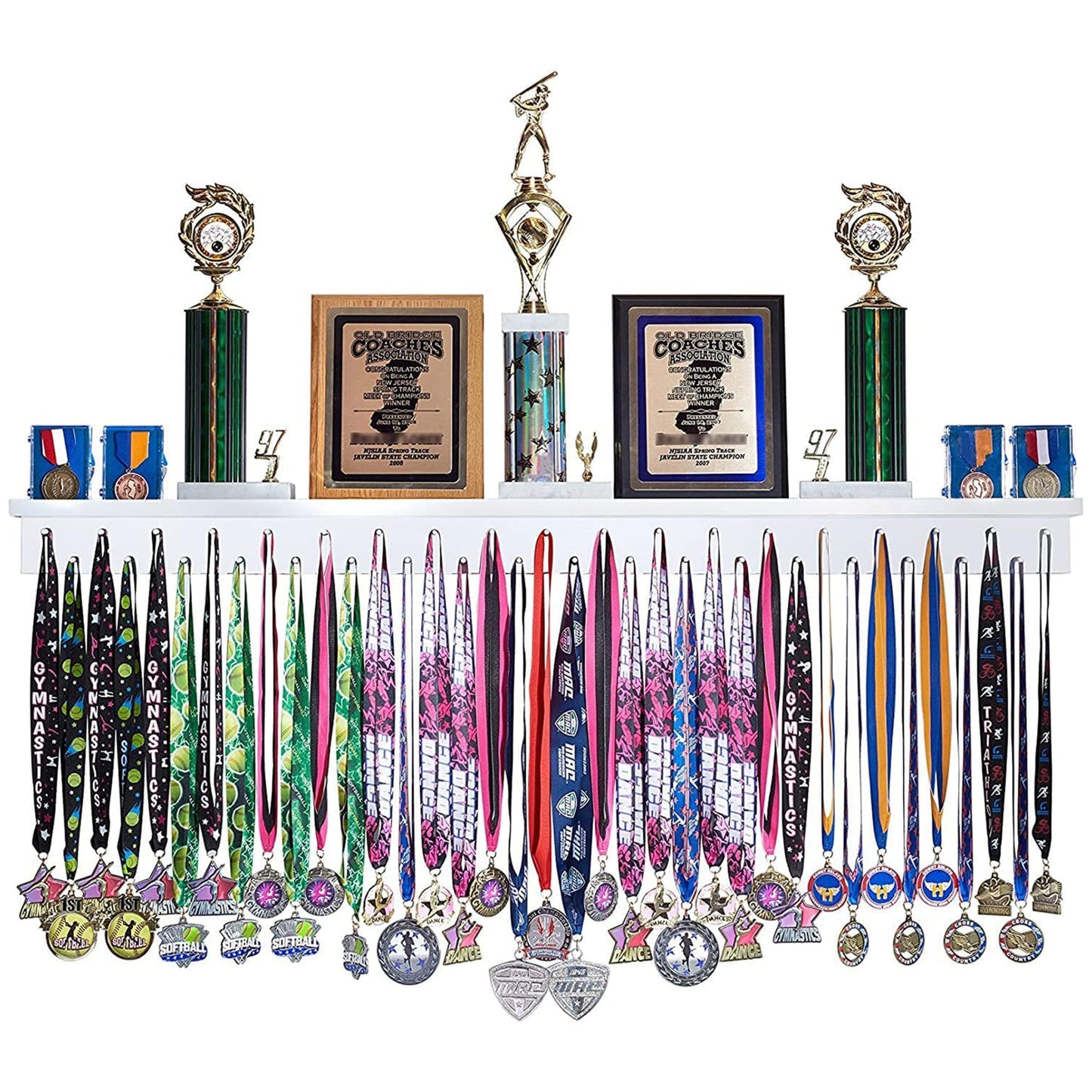 46.5"- Medal Awards Rack- The Largest Trophy Shelf and Medal Hanger Display - Multi-Sport Trophy and Medal Holder for Medal Display, Plaques, Pictures, Trophies, and More Solid Wood