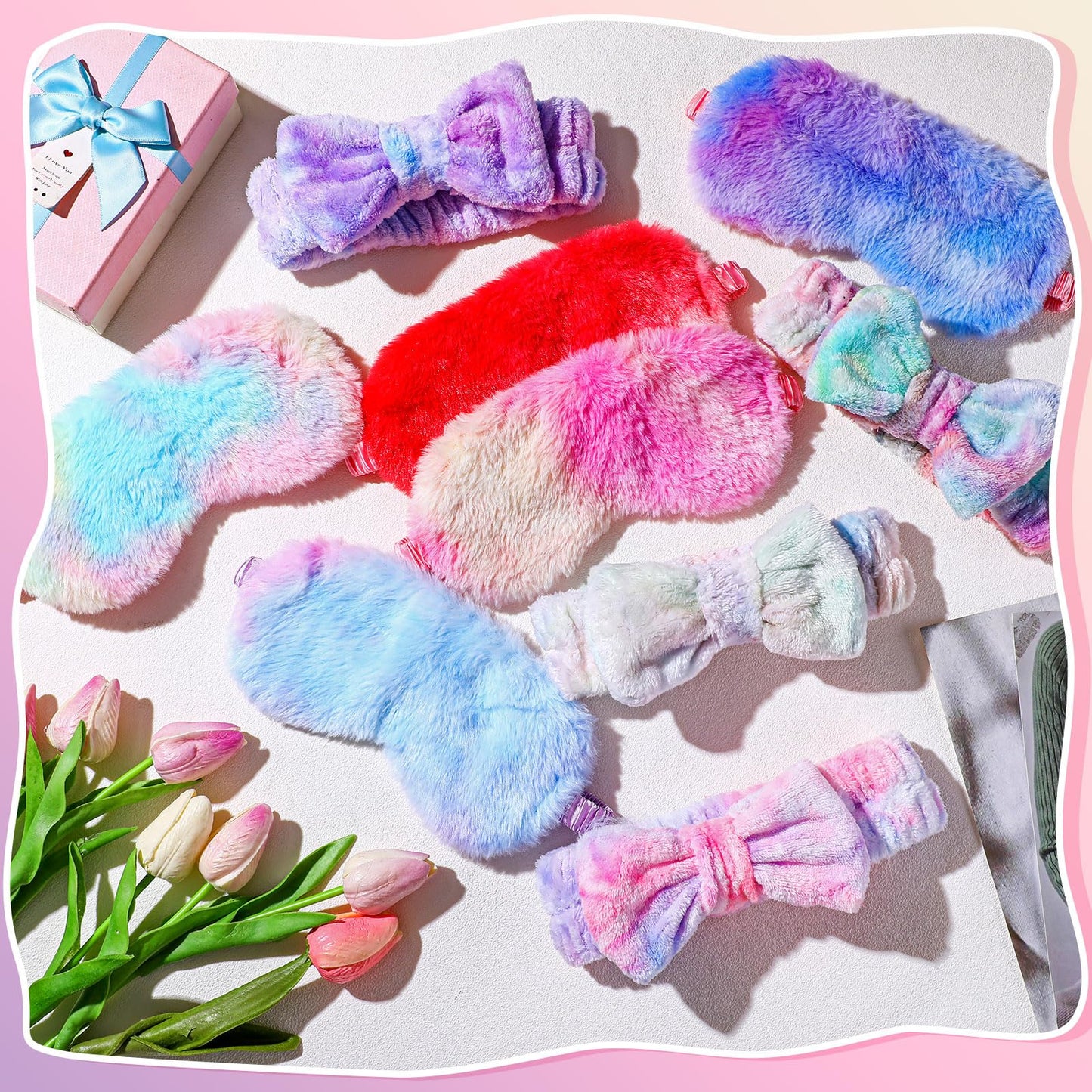 Xuhal 24 Pcs Spa Party Favors for Women Soft Makeup Headband for Washing Face Sleepover Party Supplies Sleep Eye Mask Bow Hair Bands for Sleepover Shower Gifts(Tie Dye)