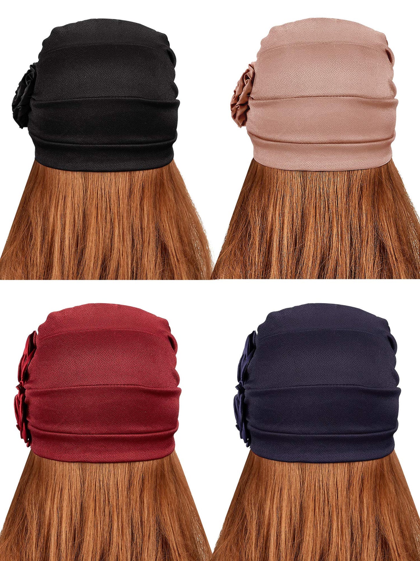 4 Pieces African Head Wrap Flower Turban Hats for Women (Khaki, Black, Wine Red, Navy Blue)