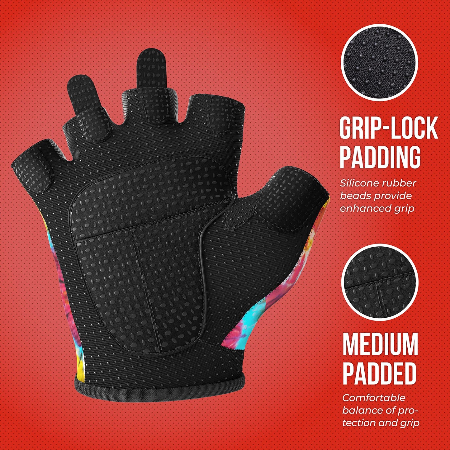 Contraband Pink Label 5347 Womens Designer Workout Gloves | Tie Dye Print w/Grip-Lock⢠Silicone Palm (X-Small, Rainbow)