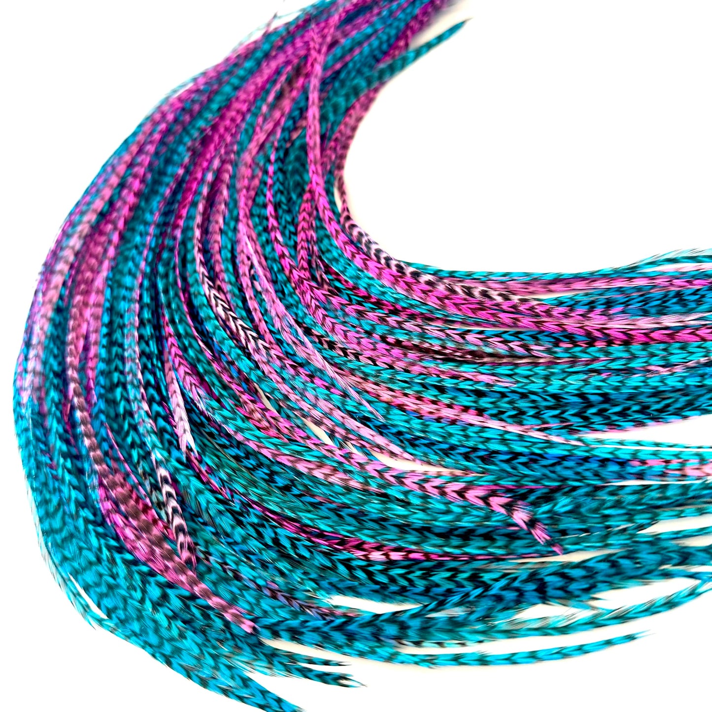 21 Hot Pink & Turquoise Grizzly Color Hair Feathers - 7”- 12” Long - Feathers for Hair Extension, Rooster Feathers DIY Kit - Eye-Catching Design - 10 Micro-link Beads - 100% Real Rooster Feathers