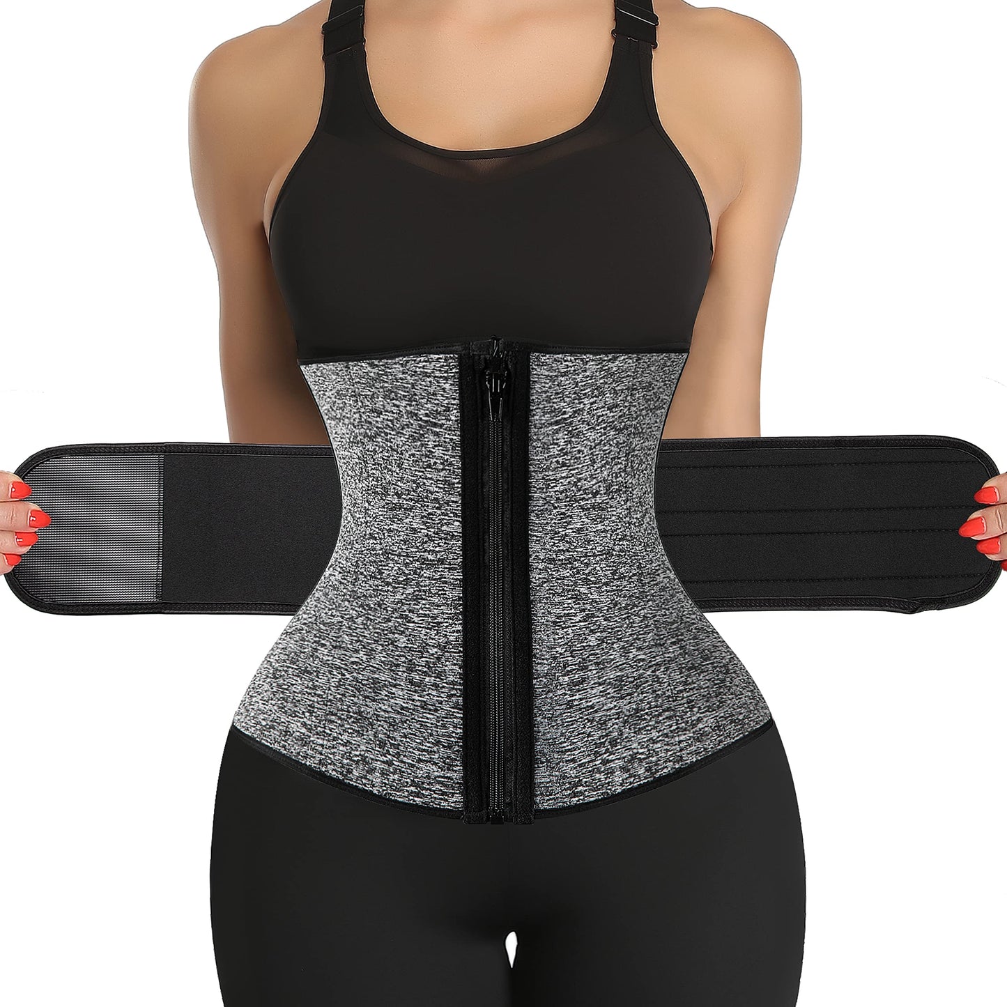 KIWI RATA 2 in 1 Neoprene Sauna Waist Trainer Corset Sweat Belt for Women Tummy Control Bands Compression Workout Fitness Trimmer,#1 Zipper Grey,Small