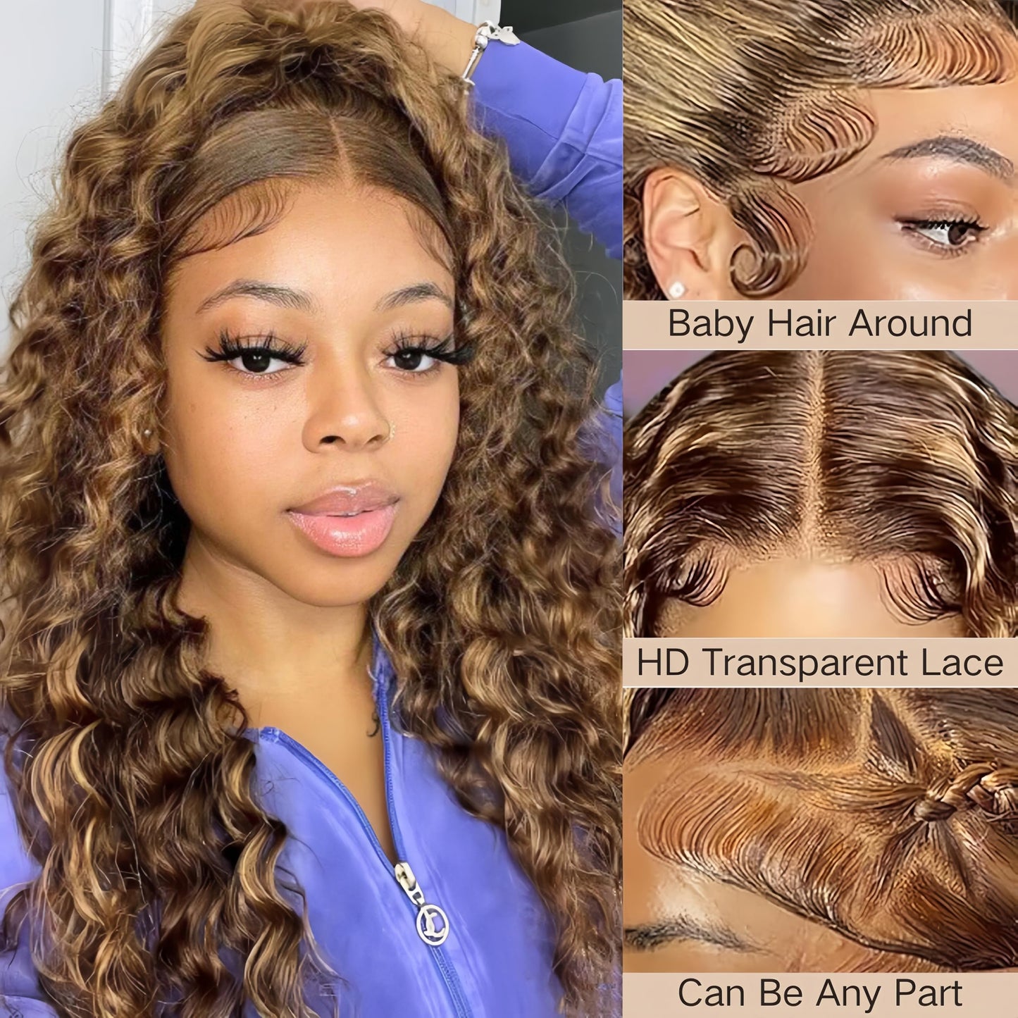 AAKJJ 4/27 Deep Wave Human Hair Wig, Highlight Ombre Color, 13x4 HD Transparent Lace Front Wig, 200 Density, Pre-Plucked Hairline with Baby Hair, Glueless, for Women 30 Inch