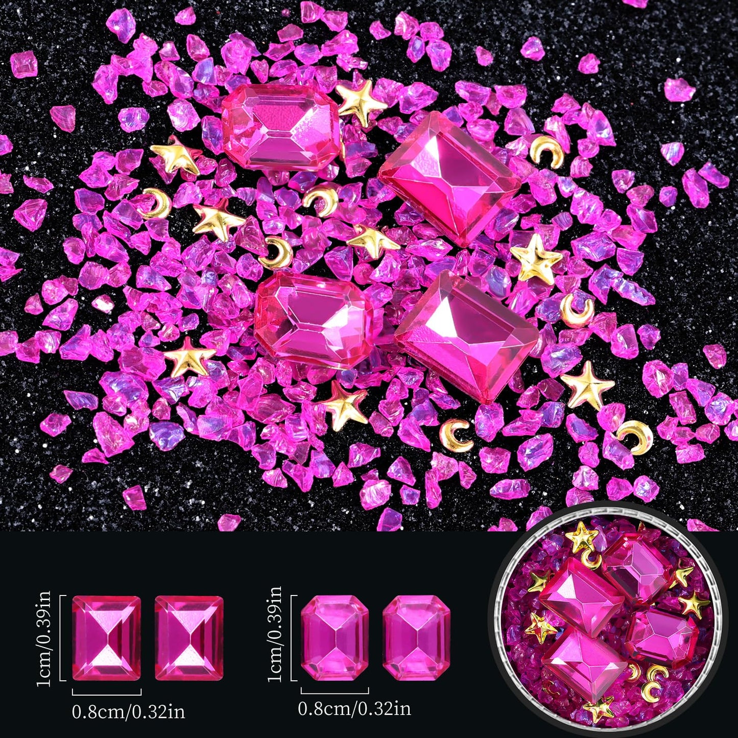 6 Wheels Mixed Sparkle Nail Art Rhinestones Diamonds Crystals Butterfly Beads Artificial Pearls Gold Silver Nail Studs Gems Metal Hollow Rivets Charms (Hot Pink)