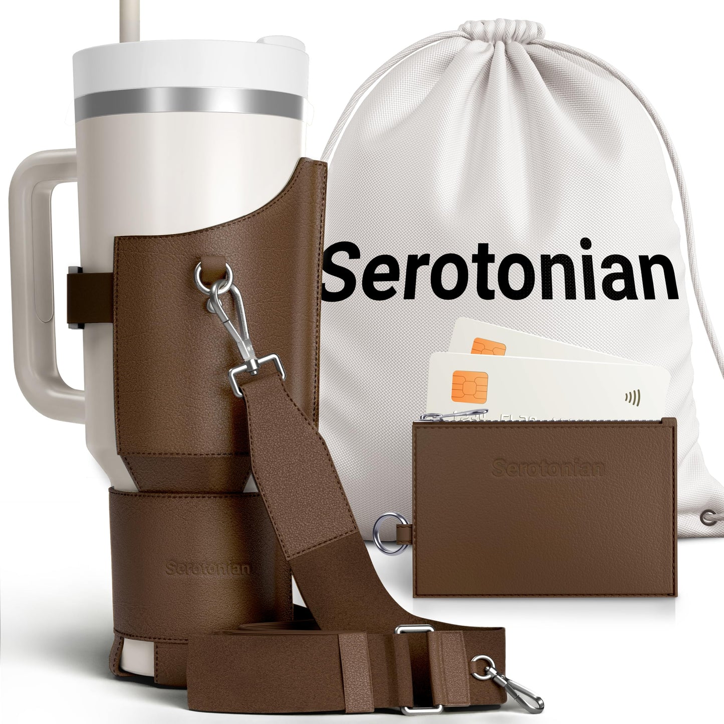 Premium Water Bottle Carrier Bag for Stanley 40oz & Simple Modern 40oz - PU Leather Water Bottle Holder with Adjustable Strap - Includes Card Holder & Keyring for Stanley Cup Accessories (Dark Brown)