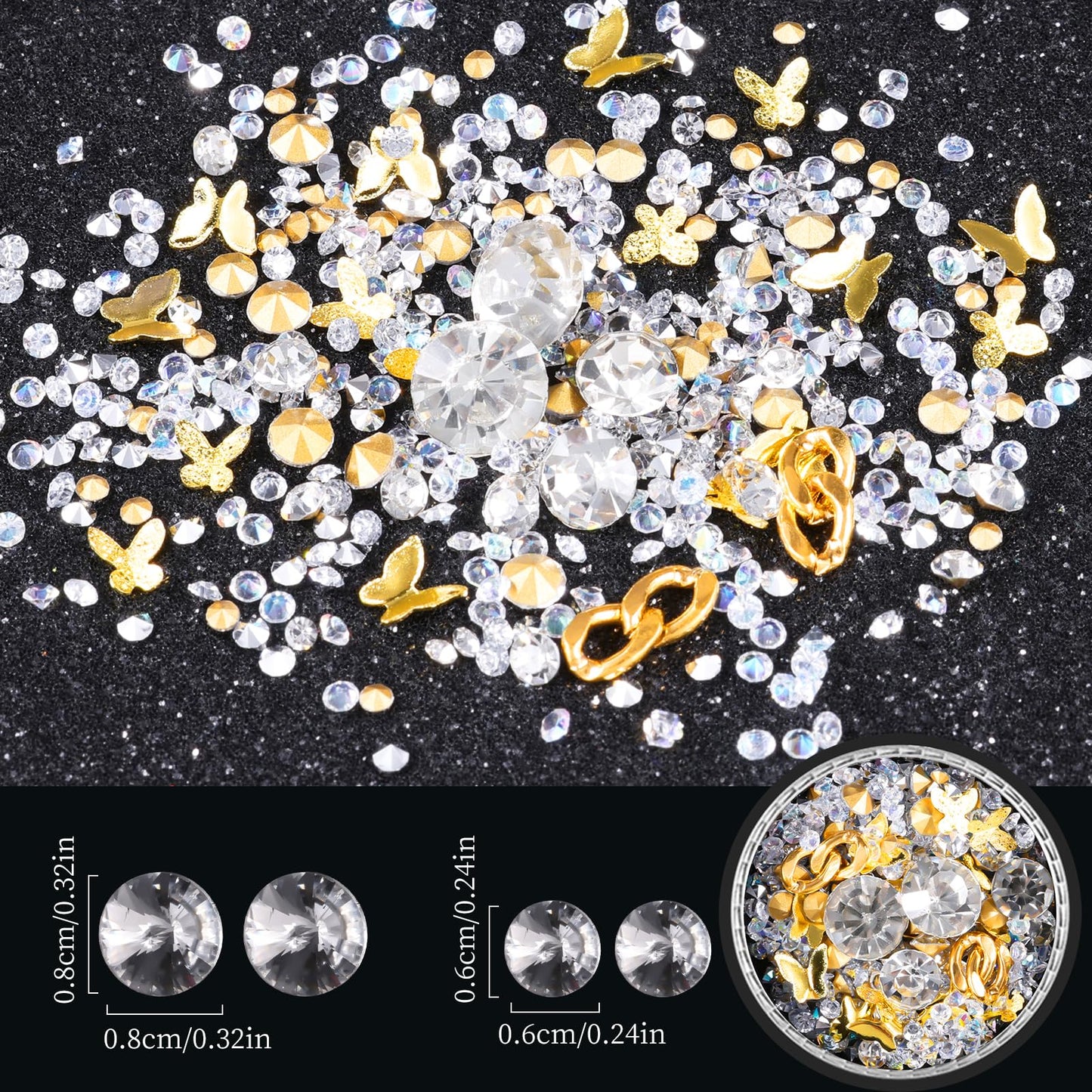 6 Wheels Mixed Sparkle Nail Art Rhinestones Diamonds Crystals Butterfly Beads Artificial Pearls Gold Silver Nail Studs Gems Metal Hollow Rivets Charms (White)