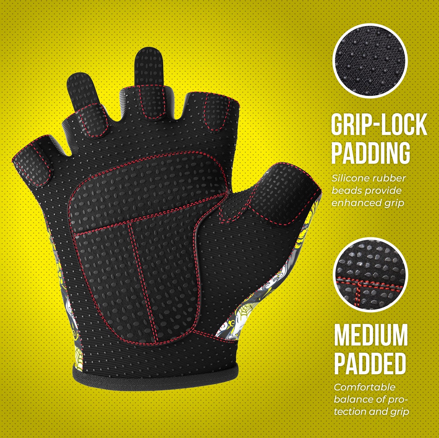 Contraband Pink Label 5237 Womens Design Series Sugar Skull Lifting Gloves (Pair) - Lightweight Vegan Amara Leather Palm w/Griplock Silicone (Yellow, X-Small)