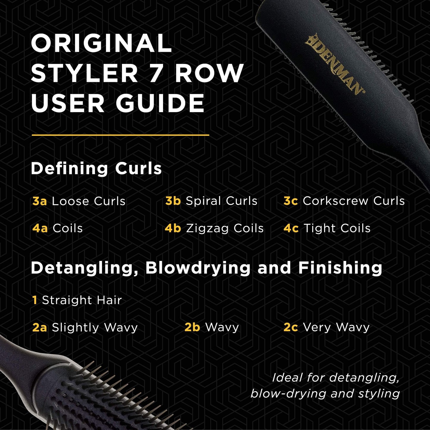 Jack Dean by Denman Curly Hair Brush D3 (All Black) 7 Row Styling Brush for Detangling, Separating, Shaping and Defining Curls - For Women and Men