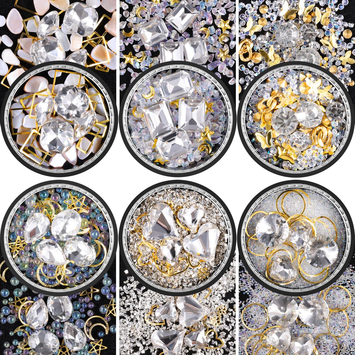 6 Wheels Mixed Sparkle Nail Art Rhinestones Diamonds Crystals Butterfly Beads Artificial Pearls Gold Silver Nail Studs Gems Metal Hollow Rivets Charms (White)
