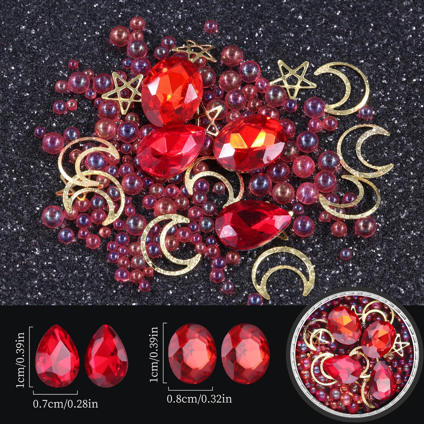 6 Wheels Mixed Sparkle Nail Art Rhinestones Diamonds Crystals Butterfly Beads Artificial Pearls Gold Silver Nail Studs Gems Metal Hollow Rivets Charms (Red)