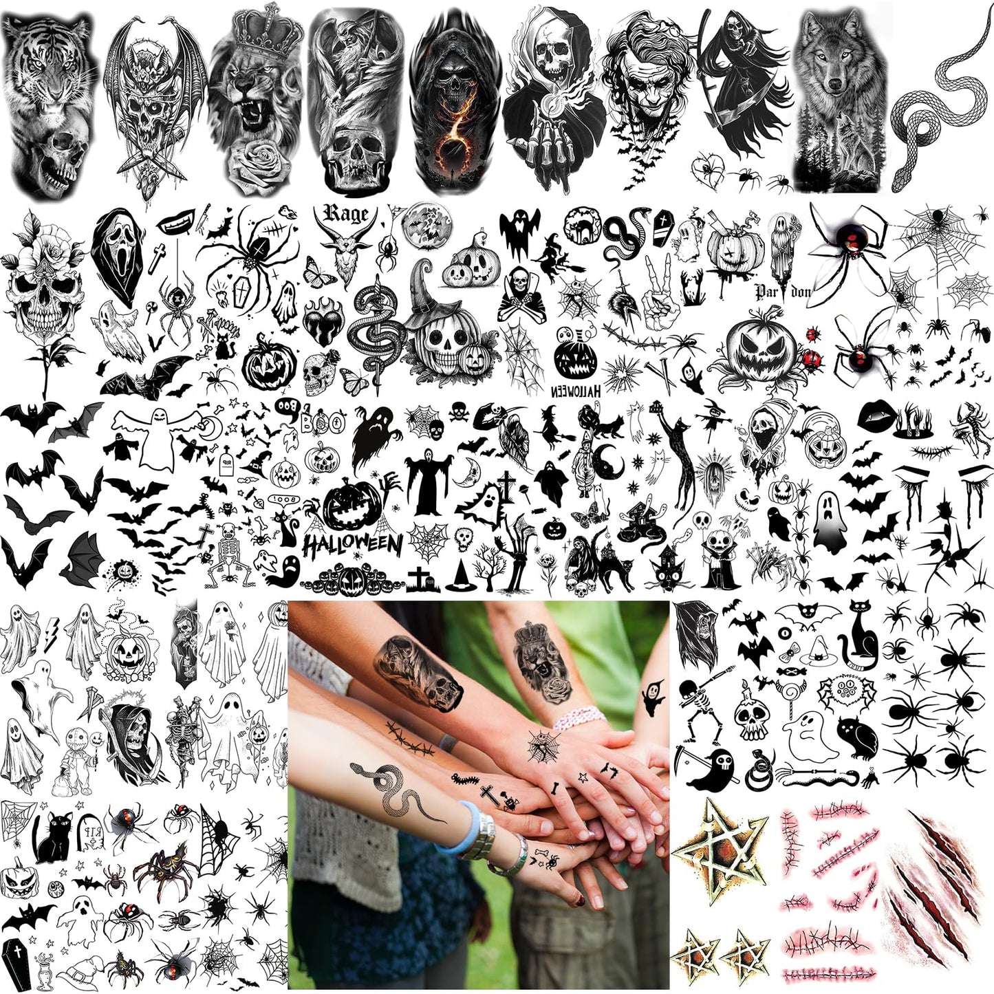 52 Sheets Black Halloween Temporary Tattoos for Kids Men Women, Include 10 Sheets Large Half Arm Sleeve Fake Tattoos, 200+ PCS Spider Snake Tiger Lion Skull Bat Vampire Scar Halloween Tattoos