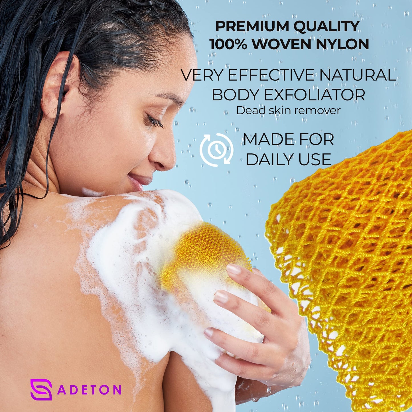 Adeton Sapo African Net Sponge, Authentic, Real, Exfoliating Bath Wash Cloth, Body Exfoliator, Long Sponge, Real, Shower Bath Accessories, Back Foot Scalp Scrub, Flat Dead Skin Remover (Golden Yellow)