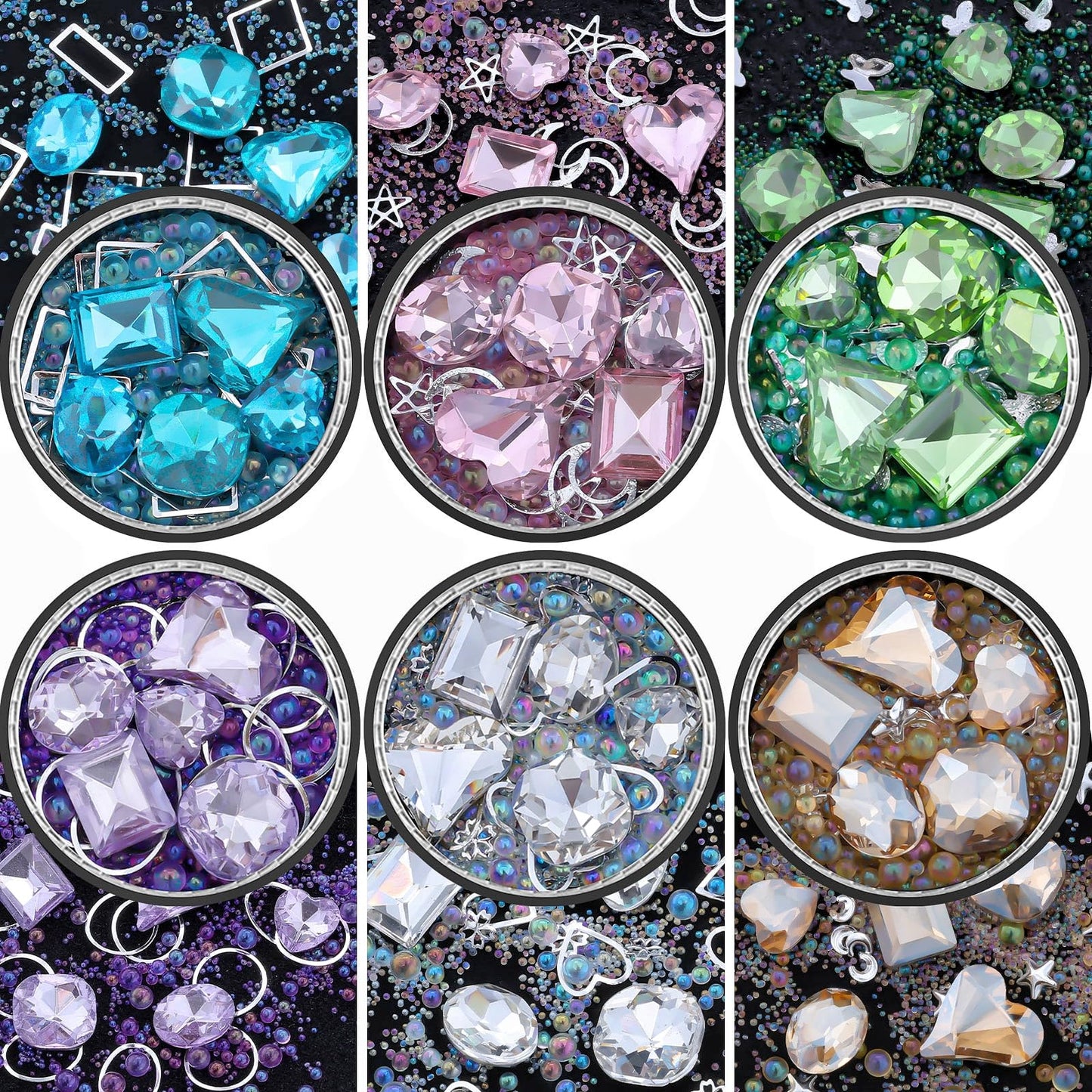 6 Wheels Mixed Sparkle Nail Art Rhinestones Diamonds Crystals Butterfly Beads Artificial Pearls Gold Silver Nail Studs Gems Metal Hollow Rivets Charms (Kit-2)