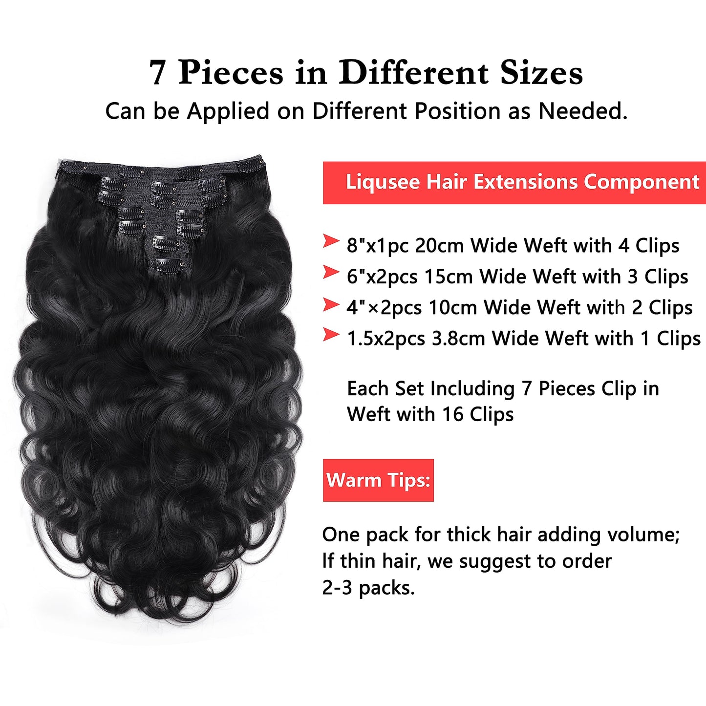 Liqusee Clip in Hair Extensions Real Human Hair Remy Human Hair Clip ins For Black Women Invisible Natural Body Wave Seamless Clip in Hair Extensions 7 Pcs 100g Double Weft (12 Inch, #1B)