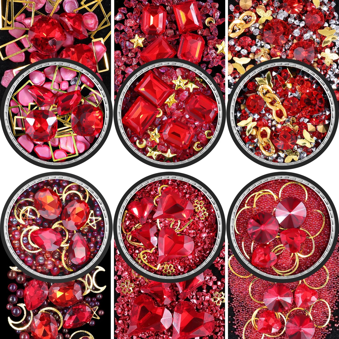 6 Wheels Mixed Sparkle Nail Art Rhinestones Diamonds Crystals Butterfly Beads Artificial Pearls Gold Silver Nail Studs Gems Metal Hollow Rivets Charms (Red)