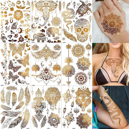 9 Sheets 99+ Design Flash Gold Metallic Temporary Tattoos For Women Adults, Glitter Bohemia Fake Tattoo Stickers Indian Tribal Elephant 3D Wolf Lion Snake Mandala Flower, Golden Butterfly Tattoos