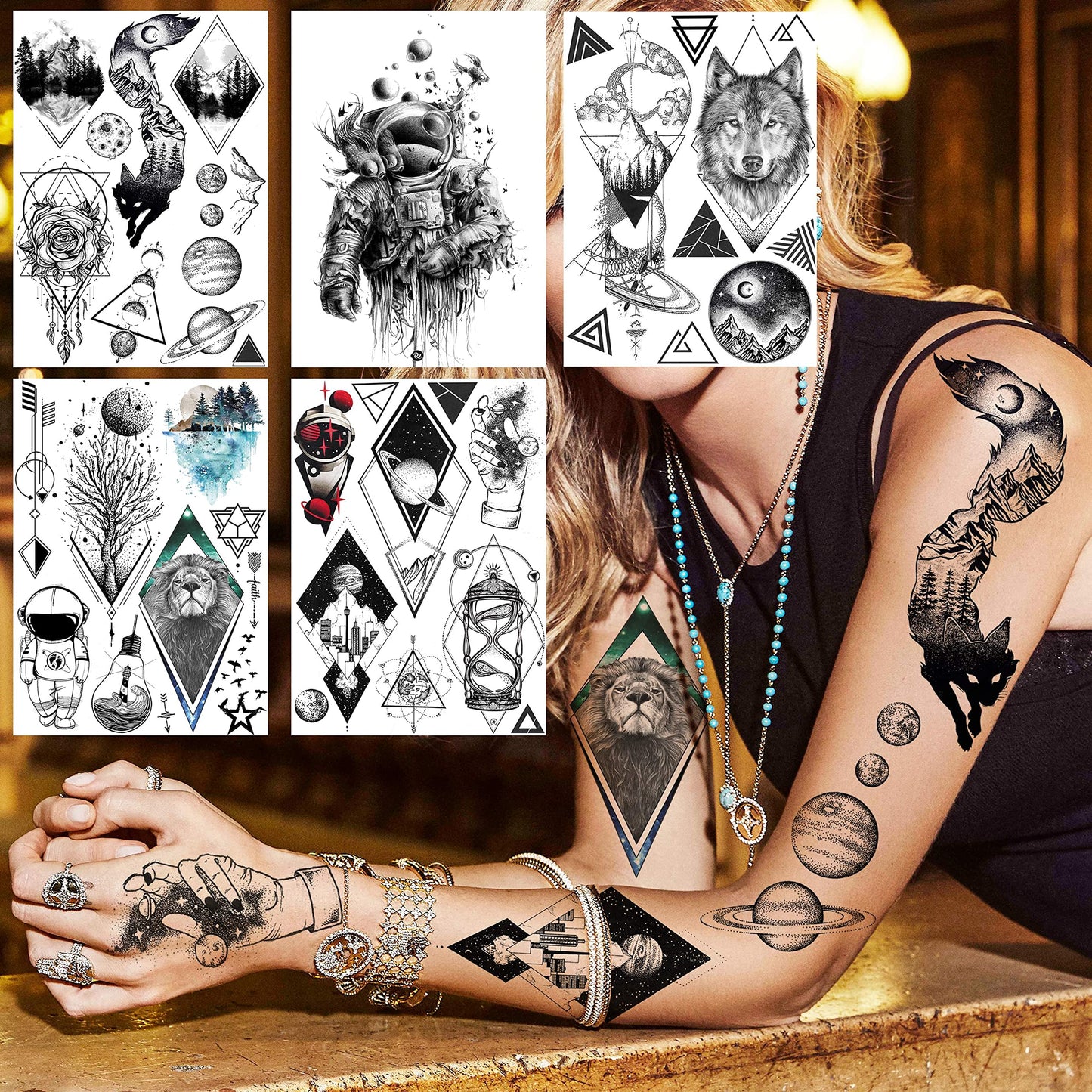 33 Sheets Outer Space Temporary Tattoos for Kids Boys Girl Women Men Adults Children, Geometry Astronaut Universe Fake Tattoo Star Moon Solar Syetem