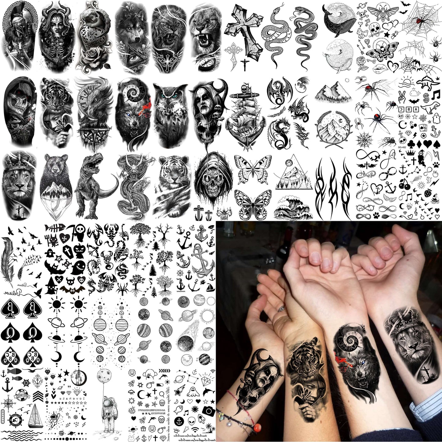 TASROI 61 Sheets Realistic Skull Tiger Wolf Lion Temporary Tattoos For Women Men Arm Sleeve, 3D Halloween Temp Tattoos Adults Compass Black Rose Flower, Bulk Fake Tattoos That Look Real And Last Long