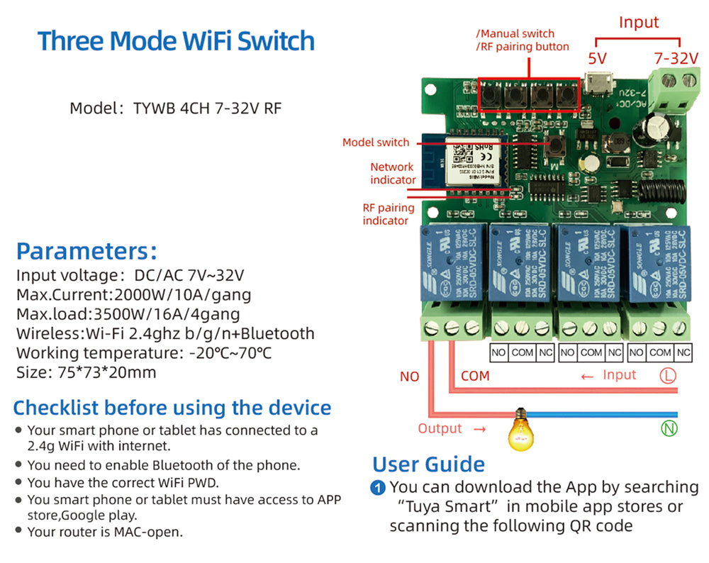 4CH Tuya Wifi Relay Smart Wireless Switch Module 4 Channel 7-32V 85-250V 220V 110V 2200W RF433 10A 4 Way Receiver For Alexa