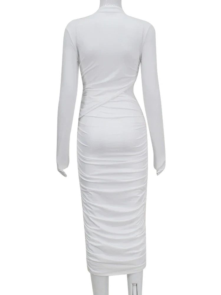 Ahagaga Fashion Sexy Club Hollow Out Dresses Women Regular Casual Solid O-neck Long Sleeve Slim Bodycon Elegant Vestidos Robes