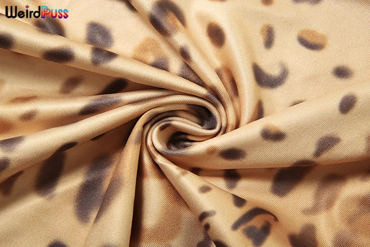 Weird Puss Leopard Print Dress Women Hollow Plait Summer Halter Sexy Backless Irregular Patchwork Hem Slim Vintage Prom Bodycon