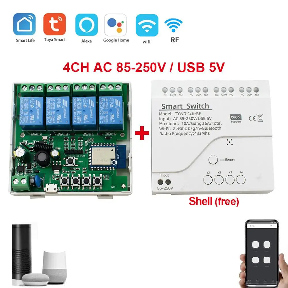 4CH Tuya Wifi Relay Smart Wireless Switch Module 4 Channel 7-32V 85-250V 220V 110V 2200W RF433 10A 4 Way Receiver For Alexa