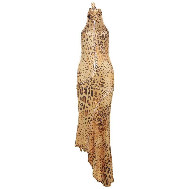 Weird Puss Leopard Print Dress Women Hollow Plait Summer Halter Sexy Backless Irregular Patchwork Hem Slim Vintage Prom Bodycon