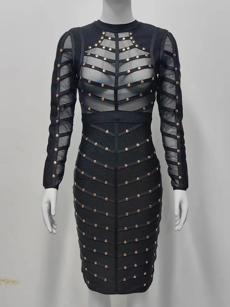 BEAUKEY Sexy Black Khaki Rivet Bandage Dress 2022 For Women Mesh See Through Nail Beaded Long SLeeve Bodycon Party Vestidos XL