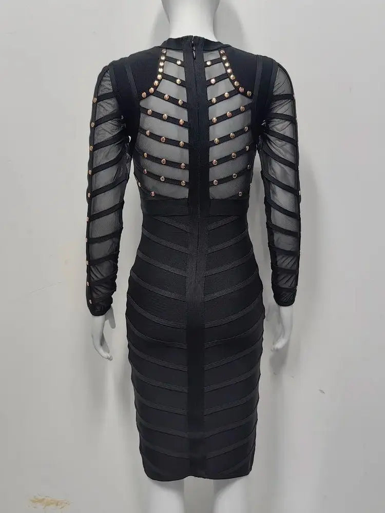 BEAUKEY Sexy Black Khaki Rivet Bandage Dress 2022 For Women Mesh See Through Nail Beaded Long SLeeve Bodycon Party Vestidos XL