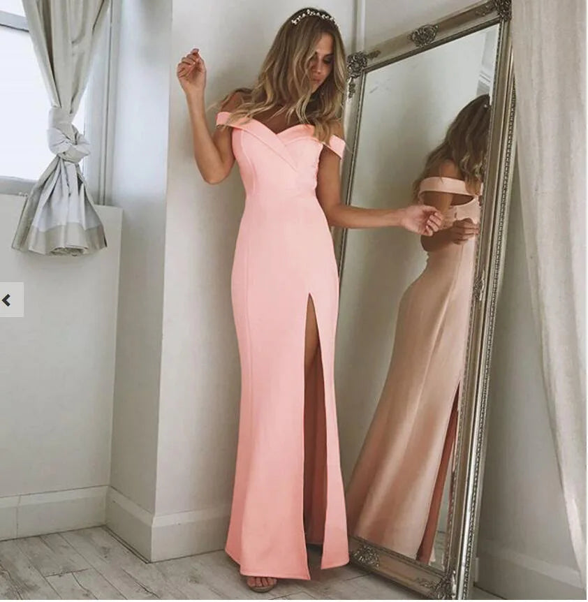 Women Split Bodycon Long Maxi Dress Party Wedding Prom Formal Elegant Solid White Off Shoulder Sleeveless Bandage Cheap Clothes