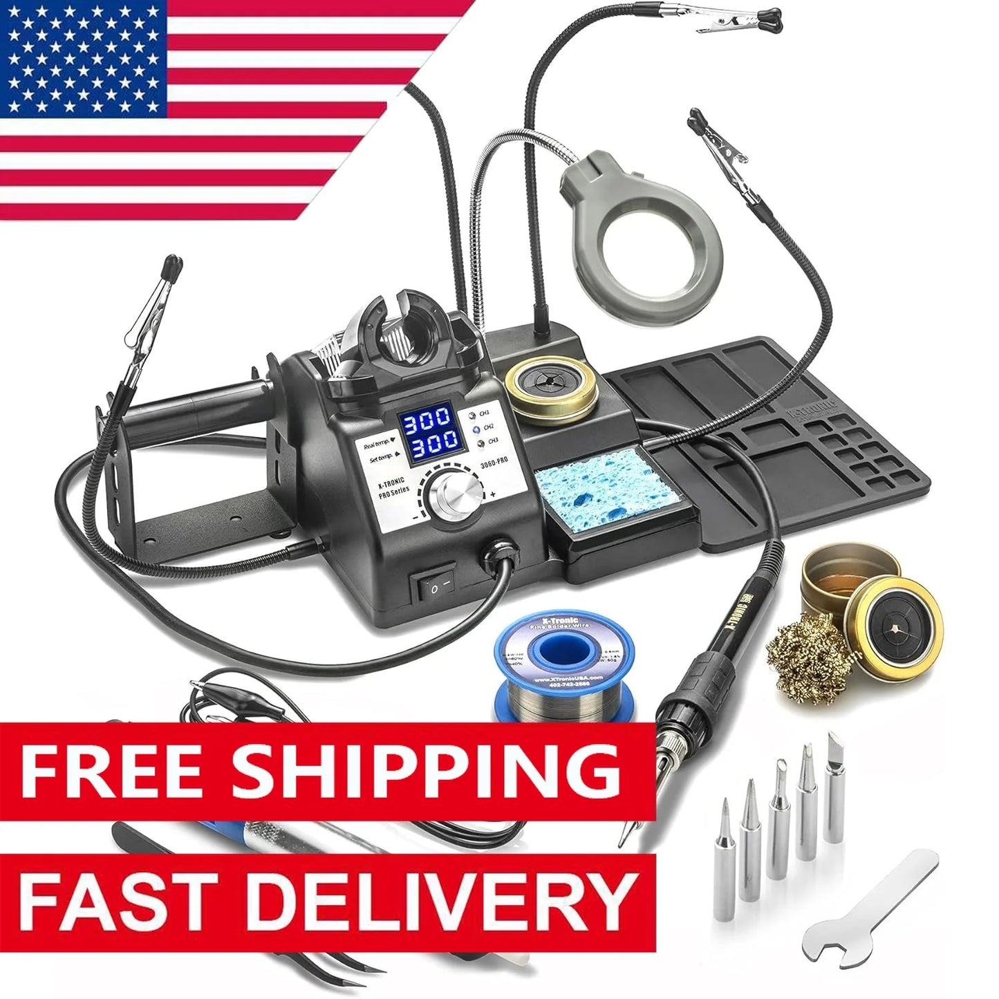 3060-PRO • 75W Soldering Iron Station Kit • 5 Extra Tips • Mini Mag Lamp • 4 Helping Hands • Solder Sucker Tweezers • 50g Solder