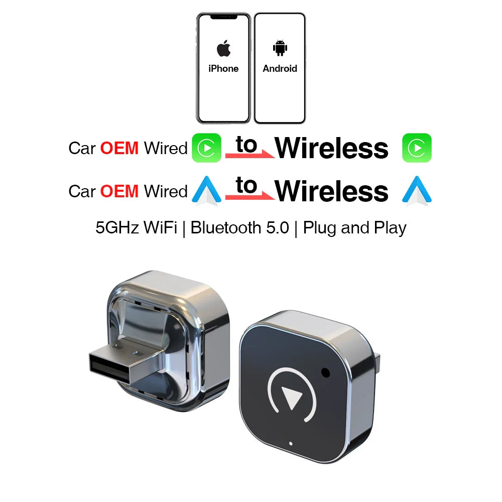 2in1 Wired to Wireless CarPlay Android Auto Adapter for OEM Car Stereo With USB Plug and Play Bluetooth
