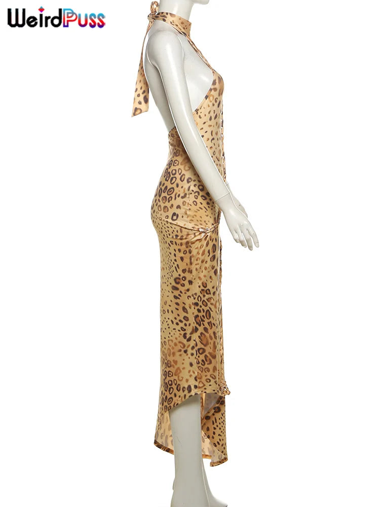 Weird Puss Leopard Print Dress Women Hollow Plait Summer Halter Sexy Backless Irregular Patchwork Hem Slim Vintage Prom Bodycon