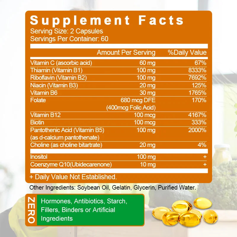 Vitamin B Complex Supplement, Supports Energy, Immune Health, Antioxidant Supplement