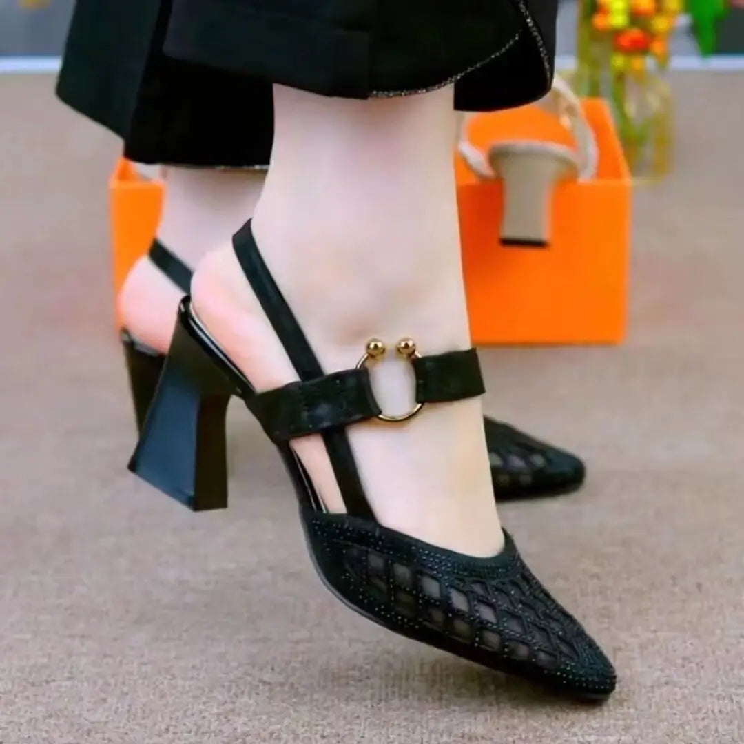 Women's Pointed Toe Heeled Sandals Summer Retro Breathable Hollow Chunky Heel Shoes for Women Closed Toe Ladies High Heel Sandal