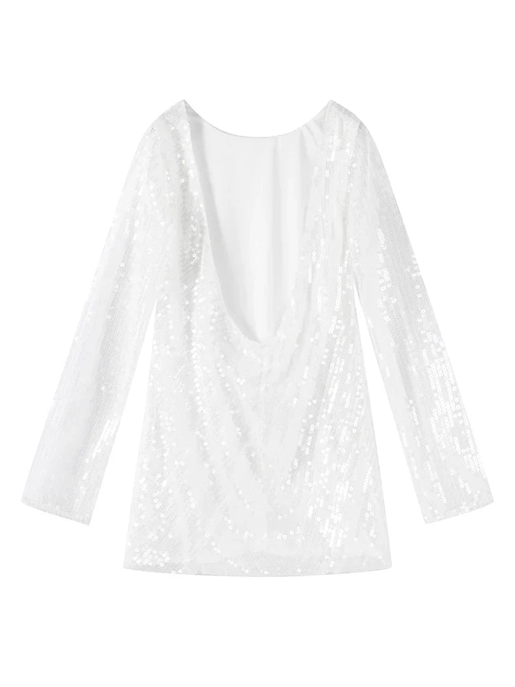 Women's Sparkling Backless Long Sleeved Dress Silver White Sexy Gauze Short Dresses Shiny Lining Elegant Summer Autumn Lady Top