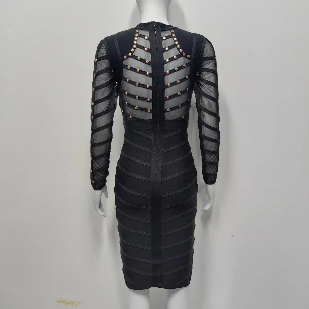 BEAUKEY Sexy Black Khaki Rivet Bandage Dress 2022 For Women Mesh See Through Nail Beaded Long SLeeve Bodycon Party Vestidos XL