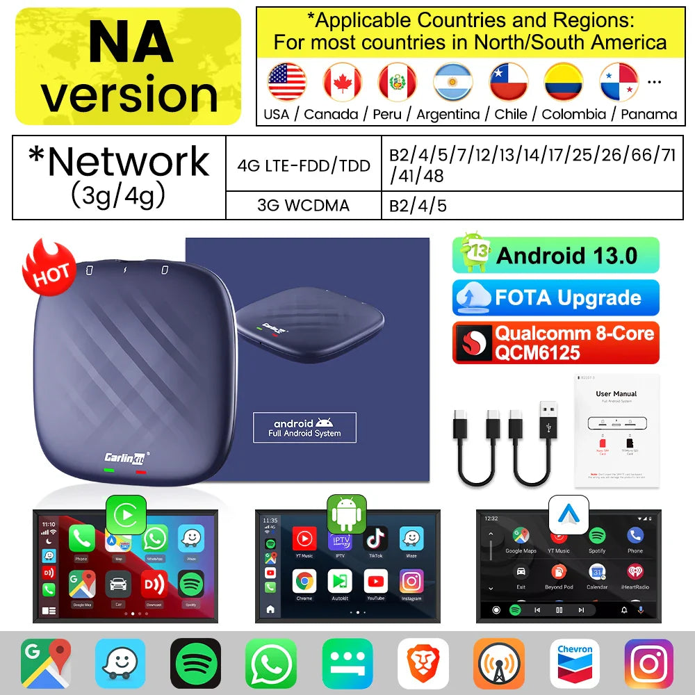 2025 CarlinKit CarPlay AI Box Android 13.0 SM6225 QCM6125 Android Auto Wireless CarPlay Adapter 2.4+5GGPS 64G 128G FOTA Upgrade