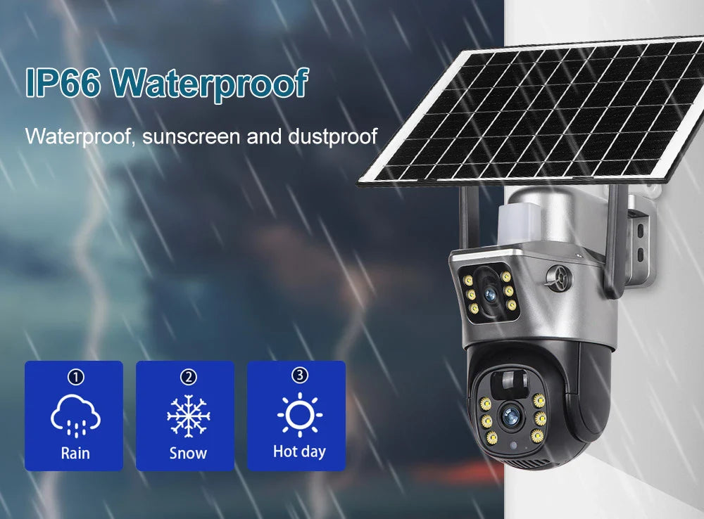 4G Sim Card Solar Camera Dual Lens Outdoor 8MP 4K Low Power Battery IP Camera PIR Night Vision V380 Pro CCTV Security Protection