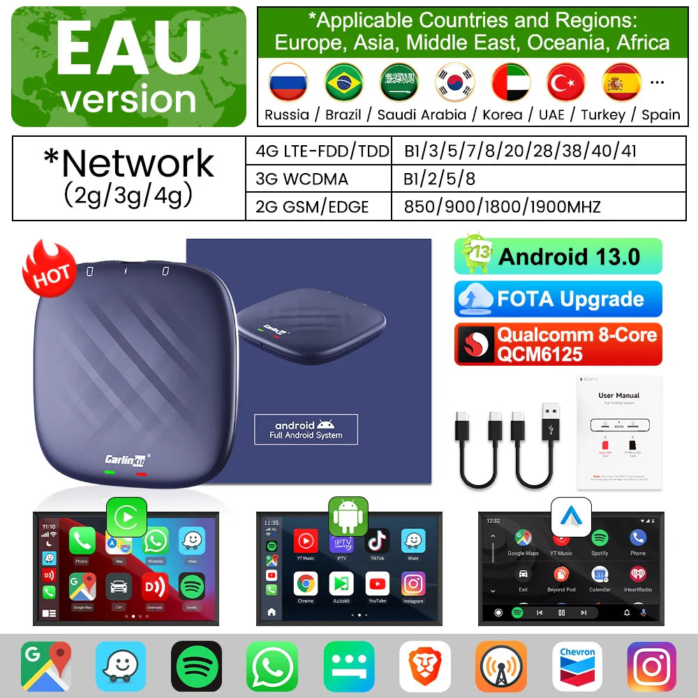 2025 CarlinKit CarPlay AI Box Android 13.0 SM6225 QCM6125 Android Auto Wireless CarPlay Adapter 2.4+5GGPS 64G 128G FOTA Upgrade