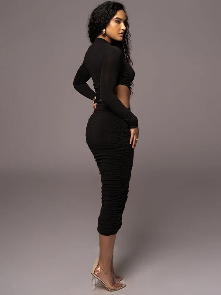 Ahagaga Fashion Sexy Club Hollow Out Dresses Women Regular Casual Solid O-neck Long Sleeve Slim Bodycon Elegant Vestidos Robes